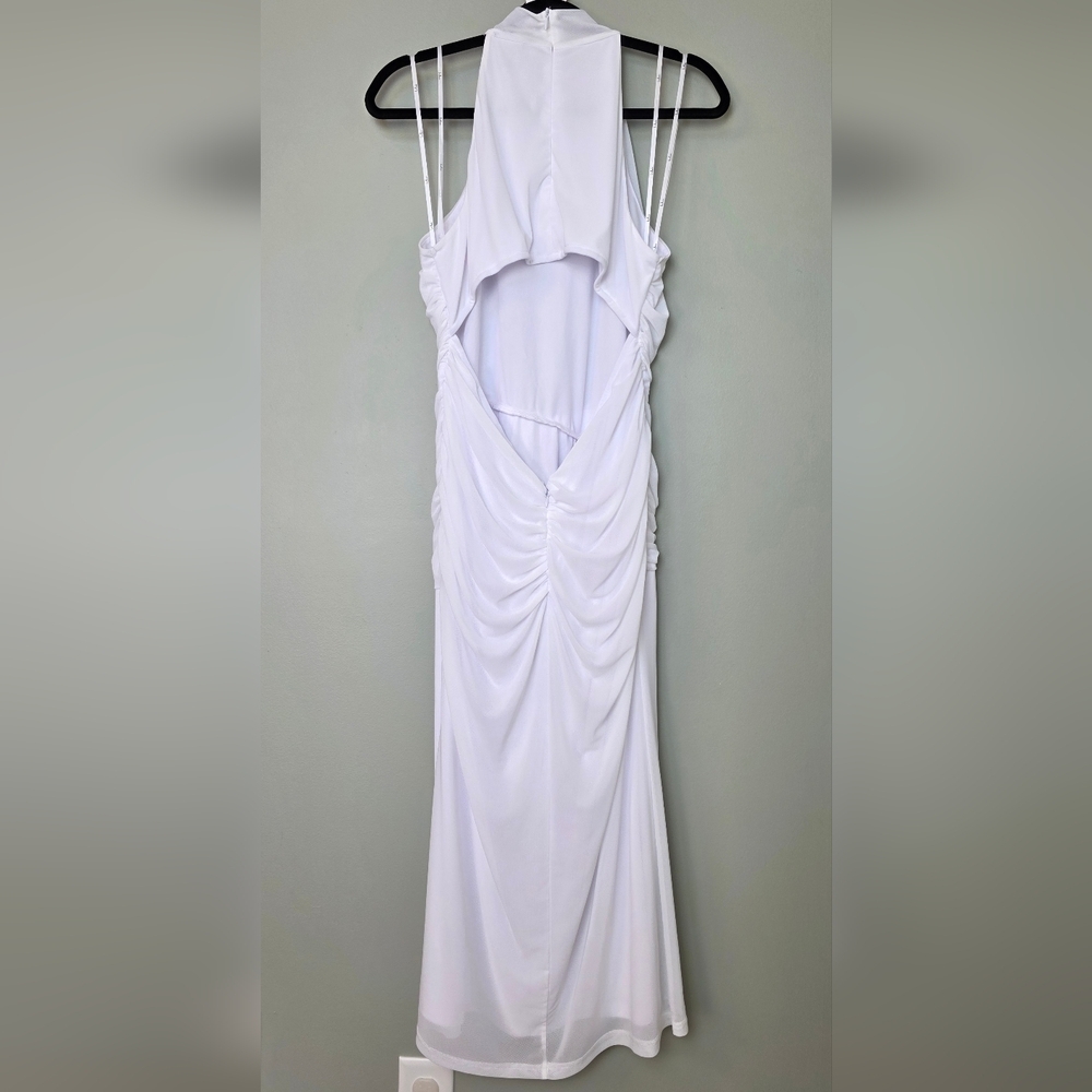 Lulus Audra White Mesh Mock Neck Bodycon Cutout Back Ruched Sides Midi Dress - Picture 11 of 14